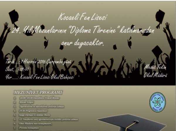 Kocaeli Fen Lisesi 2015-2016 Eğitim Öğretim Yılı Mezuniyet Töreni davetiyesi.